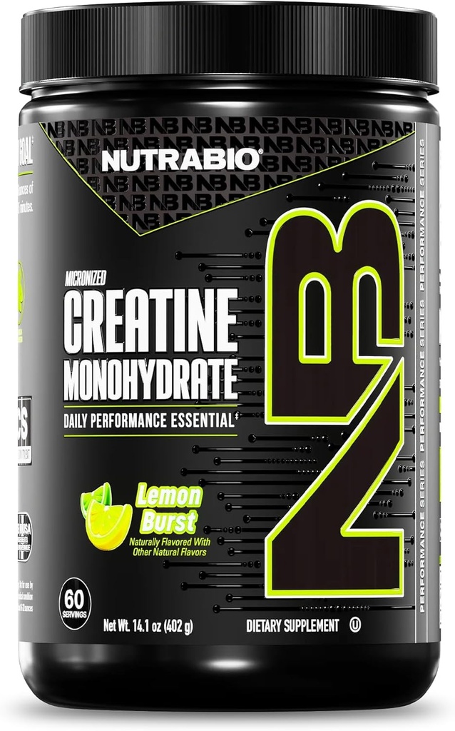 NutraBio Pure Micronized Creatine Monohydrate Powder Supplement, Lemon Burst, (300 g) - Supports Bulk Muscle Energy, Recovery, and Strength - HPLC Tested Creatine Powder Supplement for Men and Women