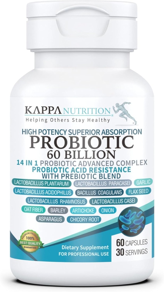 KAPPA NUTRITION Probiotic 60 Billion CFU 14 in 1 Formula with Prebiotics & Acidophilus for Women, Men & Adults, Shelf Stable, Acid Resistant, Natural Supplement 60 Capsules.