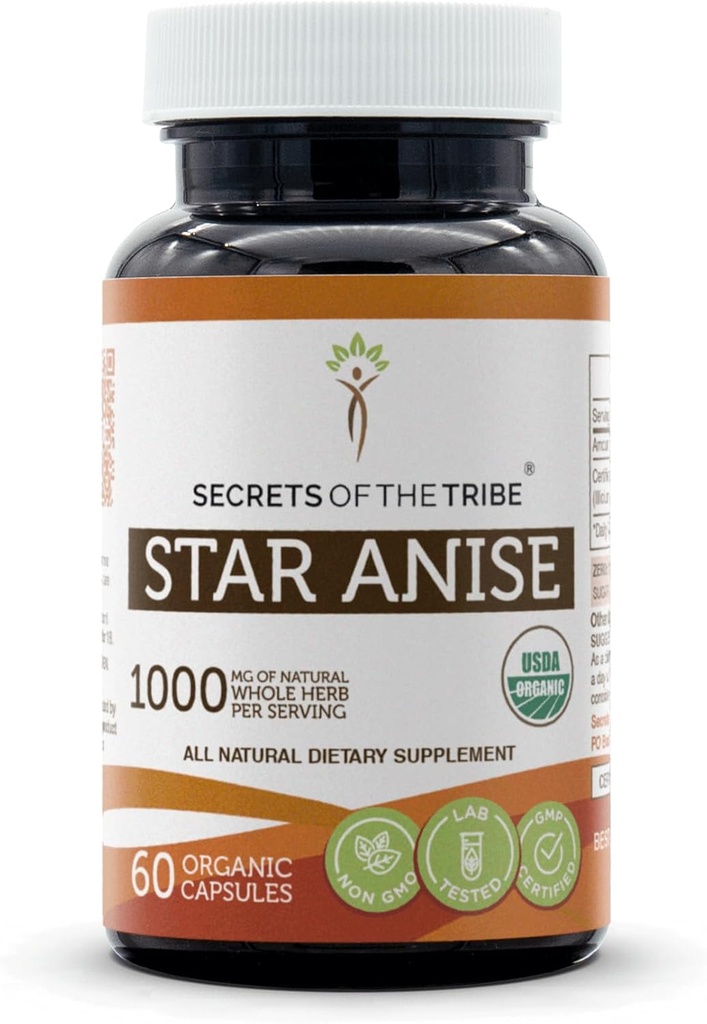 Secrets of the Tribe Star Anise 60 Capsules, 1000 mg, USDA Organic Star Anise (Illicium verum) Dried Seed (60 Capsules)