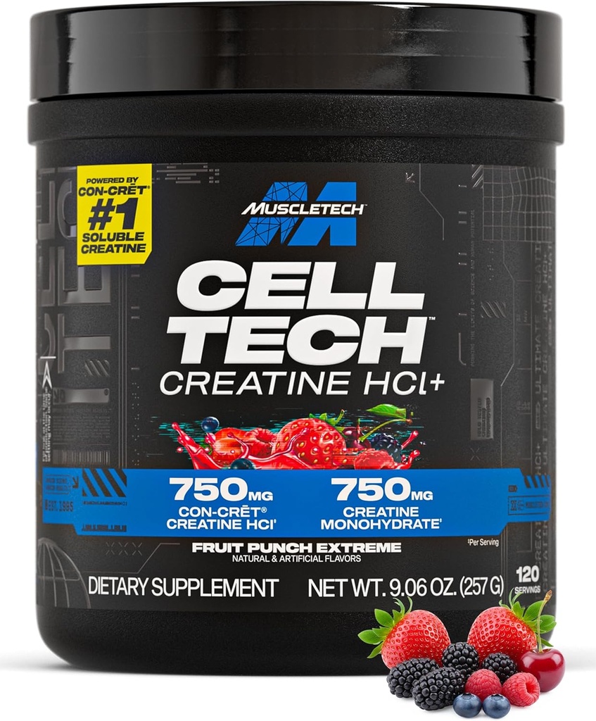 MuscleTech Cell-Tech Creactor - Creatine HCl Formula - Muscle Builder for Men & Women - Creatine HCl + Free-Acid Creatine Supplements - Fruit Punch Extreme, 120 Servings