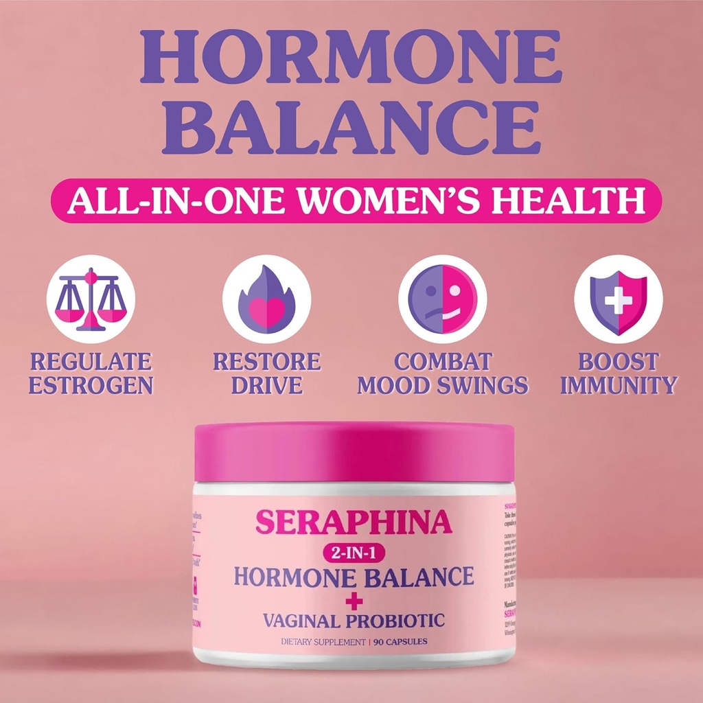Seraphina Vaginal Probiotics 2-in-1 for Women + Hormone Balance - 90 Capsules Complete Feminine Care, PMS & Urinary Tract Health, Prebiotic Blend, 10 Billion CFU, 6 Strains (90 Count (Pack of 1))