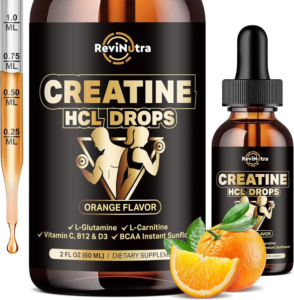 Creatine HCL Liquid Drops for Men & Women, 1500mg Liquid Creatine Hydrochloride, High Absorption, 2 Fl Oz Orange Flavor