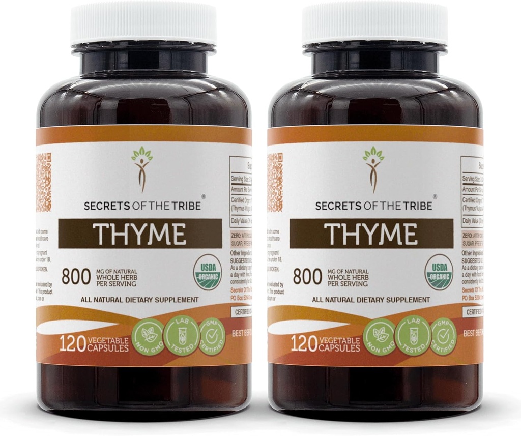 Secrets of the Tribe Thyme USDA Organic 120 Capsules (2 pcs.) | Made with Vegetarian Capsules and Certified Organic Thyme (Thymus Vulgaris) Dried Leaf (2x120 Capsules)