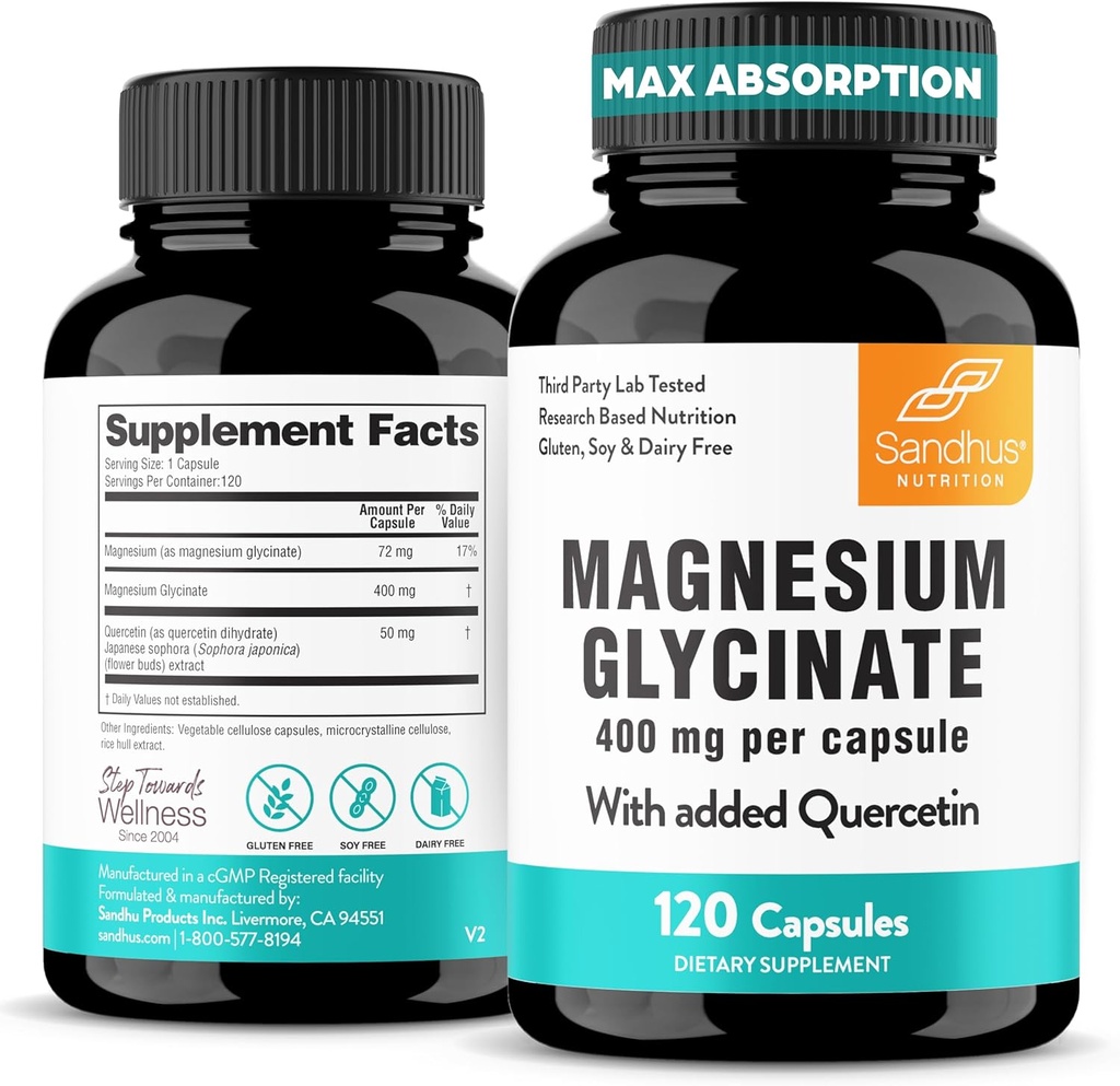 Magnesium Glycinate 400mg High Absorption Capsules with Quercetin | Quality Sleep, Relaxation & Muscle Health Supplement for Women and Men | Chelated Magnesium 120 Count (Pack of 1) | Easy to Swallow