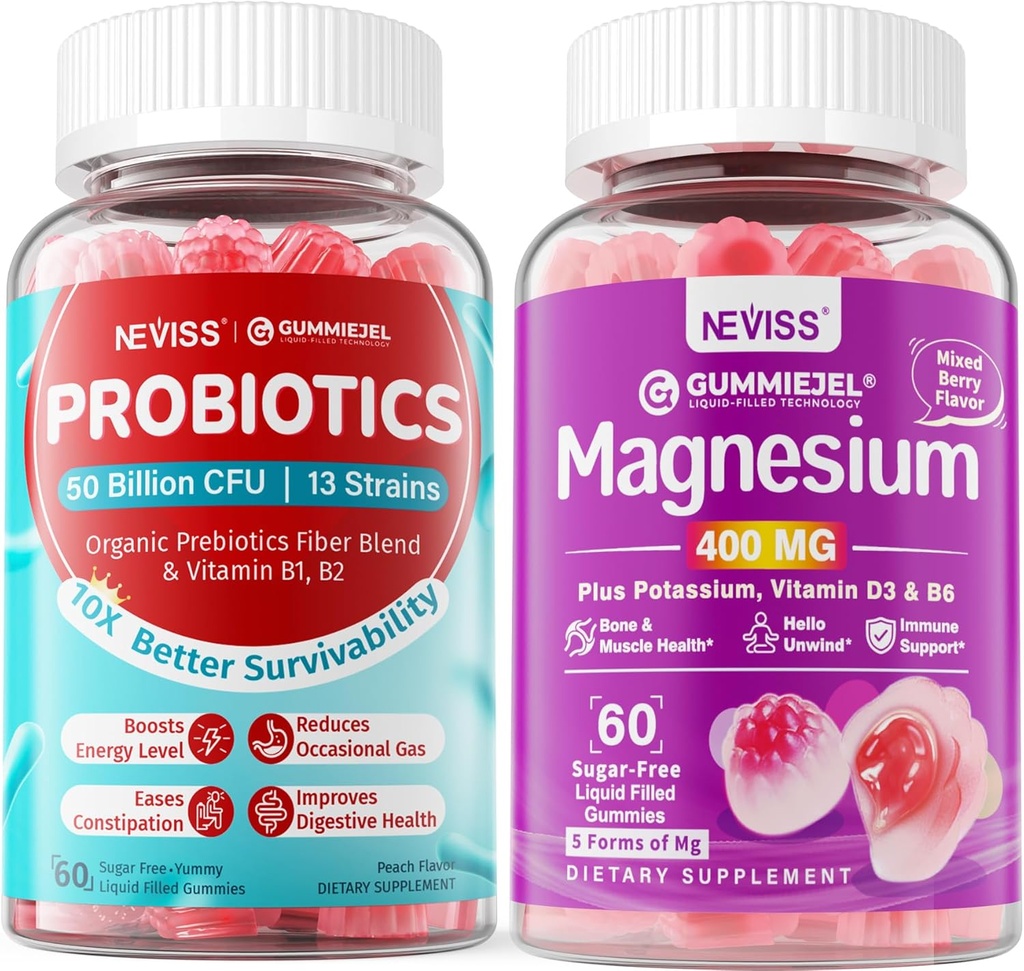 NEVISS Magnesium Supplements 400mg + Sugar Free Probiotics Gummies
