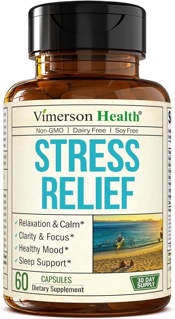 Stress Relief Supplement with 5HTP, Ashwagandha, Valerian, St John’s Wort, GABA, Chamomile & B-Vitamins - Promotes Relaxation, Sleep, Calm & Balanced Mood, Energy & Focus. Vegan, Non-GMO, 60 Capsules