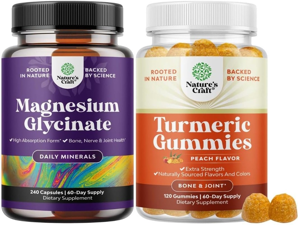 Bundle of High Absorption Magnesium Glycinate 500mg Per Serving - Calming Sleep Muscle Bone & Nerve Support and Turmeric Gummies for Joint Support with Turmeric Curcumin Black Pepper Extract & Ginger