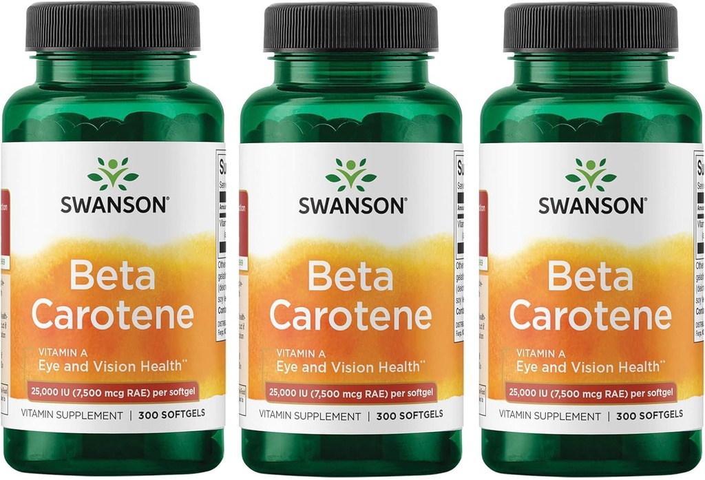 Swanson Beta-Carotene Vitamin A 25000 IU Skin Eye Immune System Health Antioxidant Support 7500 mcg 300 Softgels Count (3 Pack)