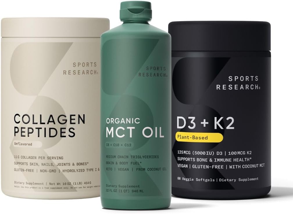 Sports Research Collagen Peptides Hydrolyzed Type 1 & 3 Collagen Powder Protein Supplement, Keto MCT Oil from Organic Coconuts - Triple Ingredient C8, C10, C12 MCTs and Vitamin D3 K2 with Coconut Oil