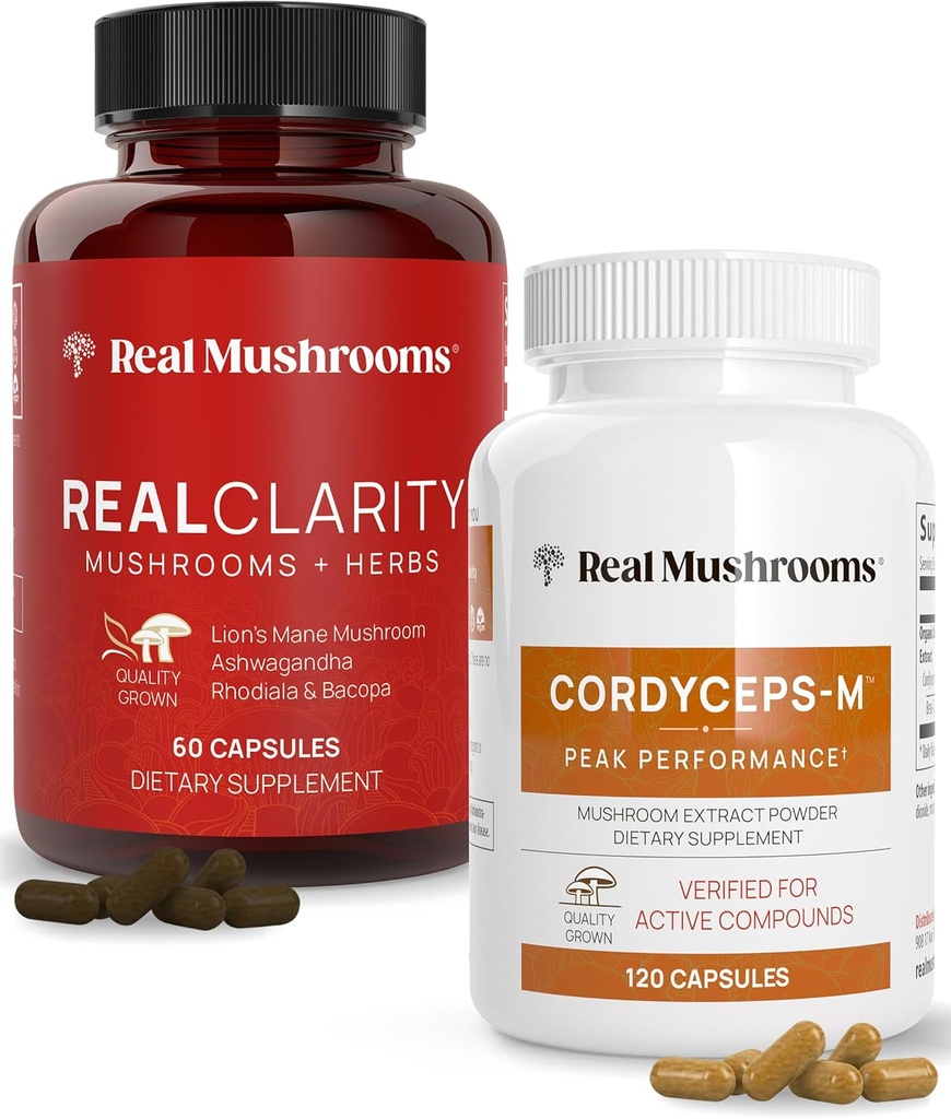 Real Mushrooms RealClarity (60ct) and Cordyceps (120ct) Capsules Bundle - Mushroom Supplement for Mental Clarity, Focus, Energy & Vitality - Vegan, Non-GMO, Verified Levels of Beta-Glucans