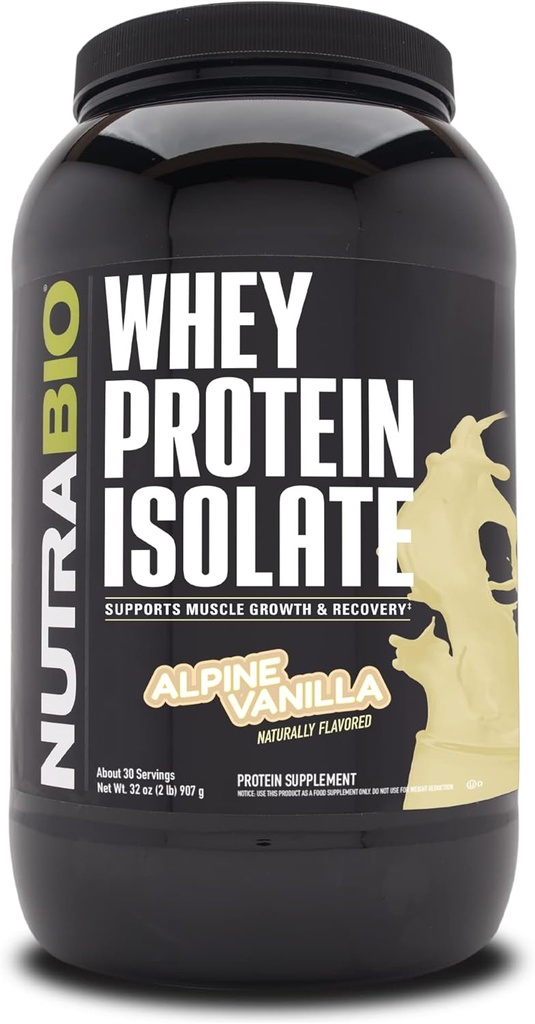 NutraBio 100% Whey Protein Isolate Protein Powder, 25g Protein with Complete Amino Acid Profile, Non-GMO, Soy & Gluten Free, Low Carb, Low Calorie Whey Protein Powder, Alpine Vanilla, 2 Lbs