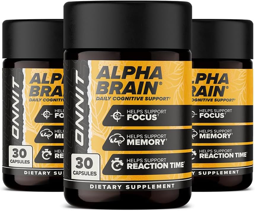 ONNIT Alpha Brain Nootropic Focus Capsules, Nootropics Brain Support Supplement for Memory, Mental Clarity and Cognitive Support with L-Theanine, Vitamin B6 and Huperzine A, 3-Pack (90 Count Total)