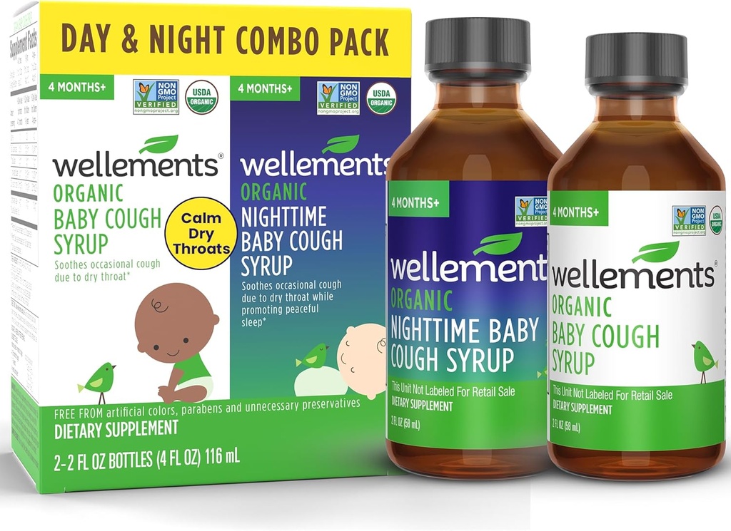 Wellements Organic Baby Cough Syrups Day & Night Combo Pack 4 Months+ (2 Fl Oz) | Kids Cough Syrup & Dry Cough Relief for Kids | Calms Dry Throats* Day & Nighttime Cough Syrup for Baby Cold Relief*