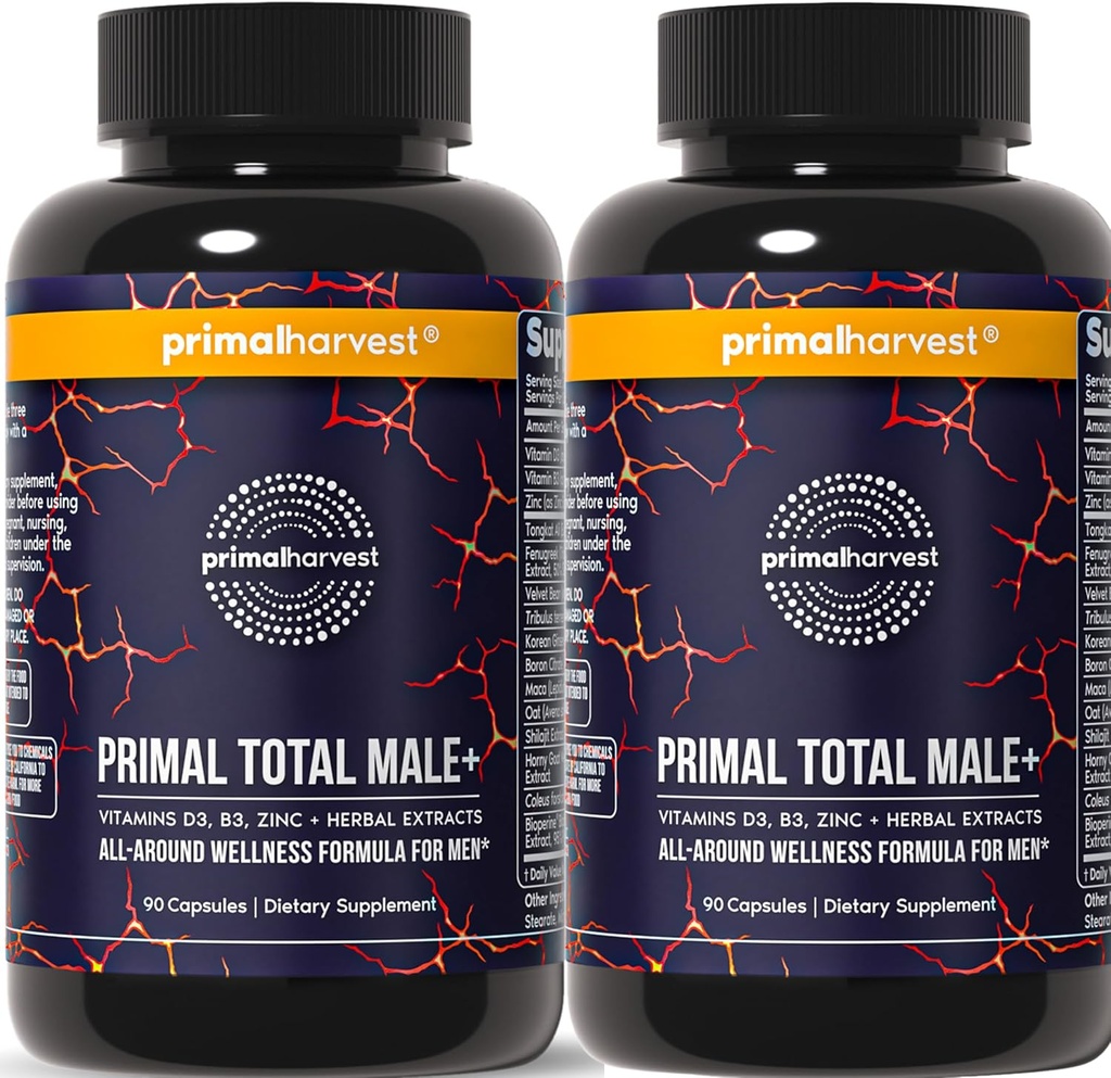 Primal Harvest Total Male+ Multivitamin for Men with Essential Vitamins, Minerals and Herbal Support for Energy, Vitality, Immune Health and Performance
