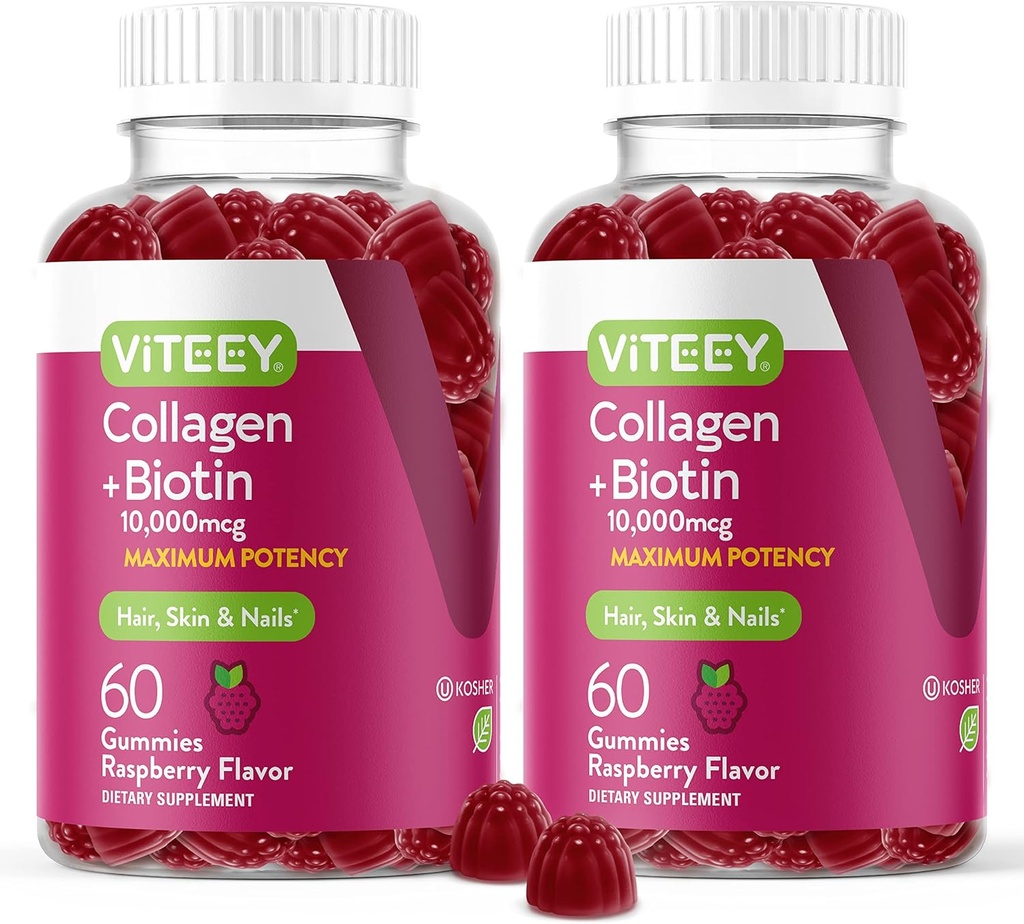 Viteey Collagen Gummies with Biotin Gummies for Hair Skin and Nails Vitamins - Biotin and Collagen Supplements for Women & Men - Vegan, Gluten-Free – 120 Count