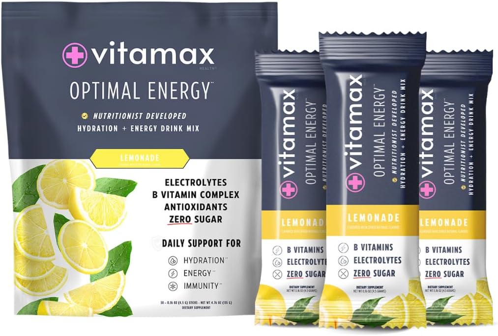 Optimal Energy - Lemonade - Sugar Free Hydration Recovery Powder Stick Packs | B Vitamin Complex Electrolyte Drink Mix | Easy Open Single-Serving | Non-GMO | 30 Servings
