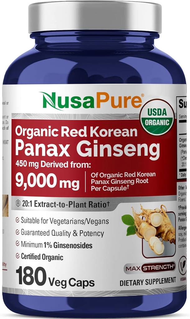 NusaPure Red Korean Panax Ginseng 20:1 Extract, 450 mg Equivalent to 9,000 mg 180 Veggie Caps (USDA Organic, Non-GMO, Vegan, Vegetarian, Bioperine)