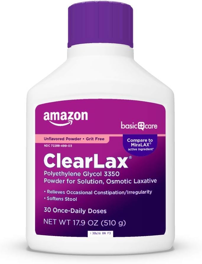 Amazon Basic Care ClearLax, Polyethylene Glycol 3350 Powder for Solution, Osmotic Laxative, Unflavored, 1.11 pound (Pack of 1)