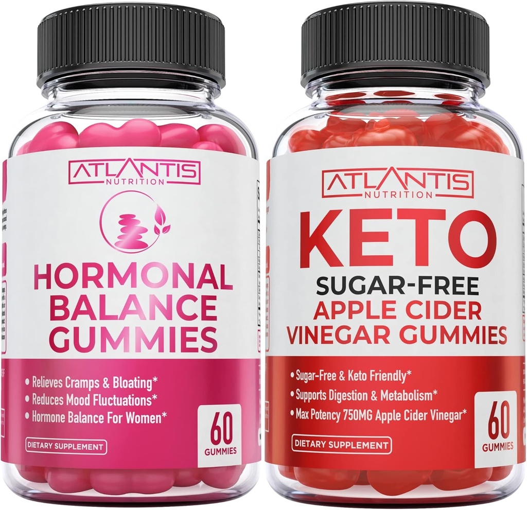 Atlantis Nutrition Hormonal Balance PMS Relief 60 Gummies + Sugar Free Keto Apple Cider Vinegar 60 Gummies