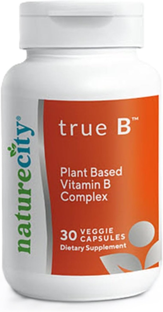 NatureCity True-B Plant-Based Super B Vitamin Complex Supplement |Made from Certified Oraganic Whole Food Plant Sources with Active Folate and Vitamin B12 - (30 Veggie Capsules)