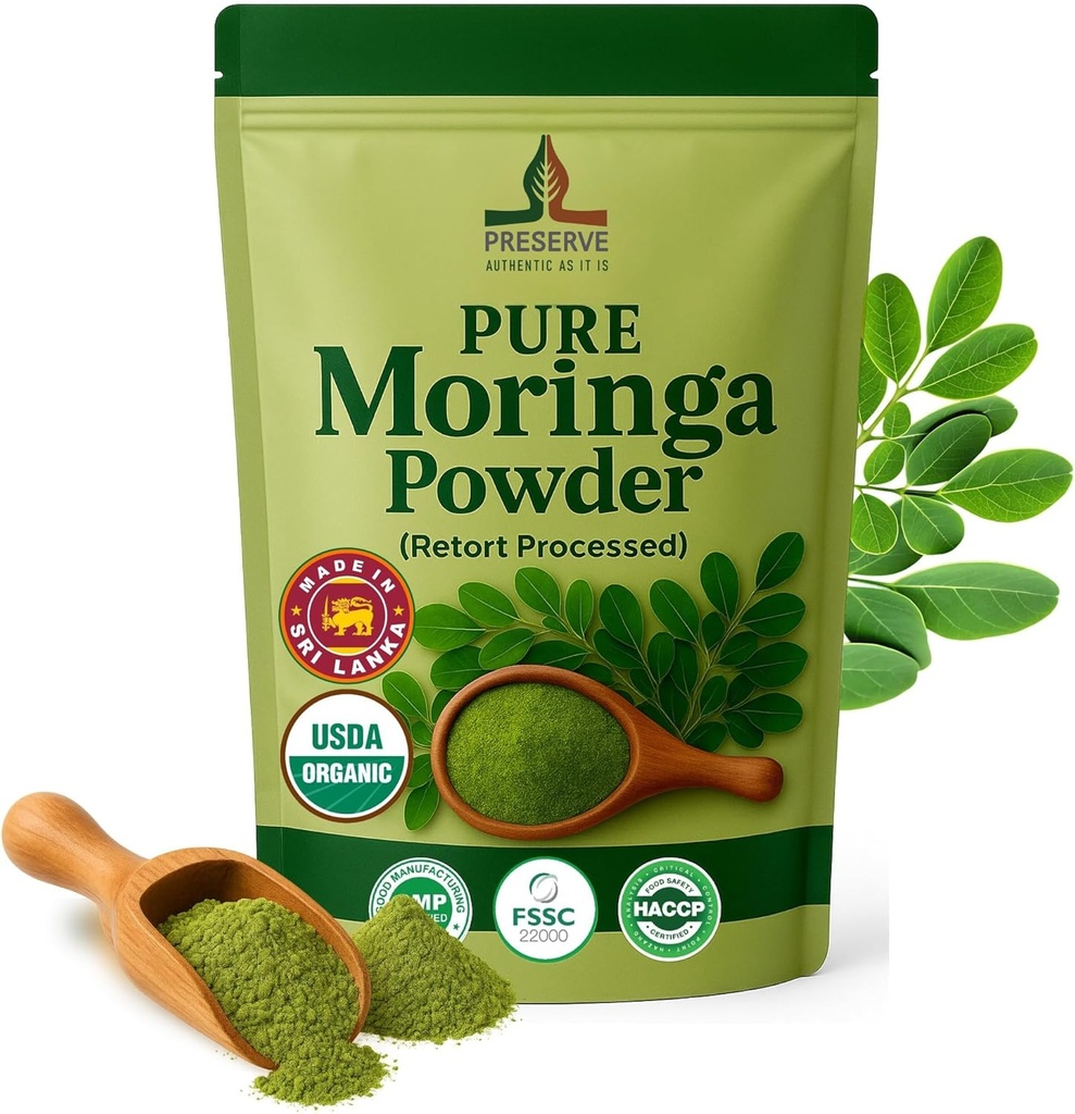 Pure Moringa Powder Retort Processed Oleifera Moringa Leaf Powder | Gluten-Free and Vegan | Perfect for Smothies, Drinks, Tea & Receips. Pure Super Green Food, 113g.