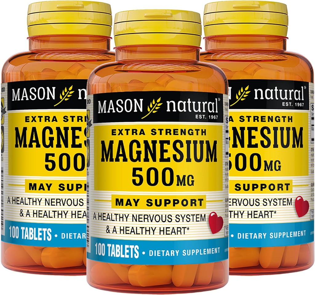 Mason Natural Magnesium 500 mg Extra Strength, 300,Day Supply, Supports Normal Health, 3 Pack