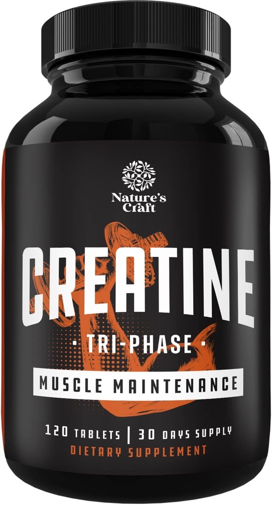 Natures Craft High Strength Tri Phase Creatine Tablets for Women & Men - Formula Blend of Creatine Monohydrate, 300mg HCL & Pyruvate Supplement - Muscle Mass Gain & Recovery Supplement - 120 Tablets