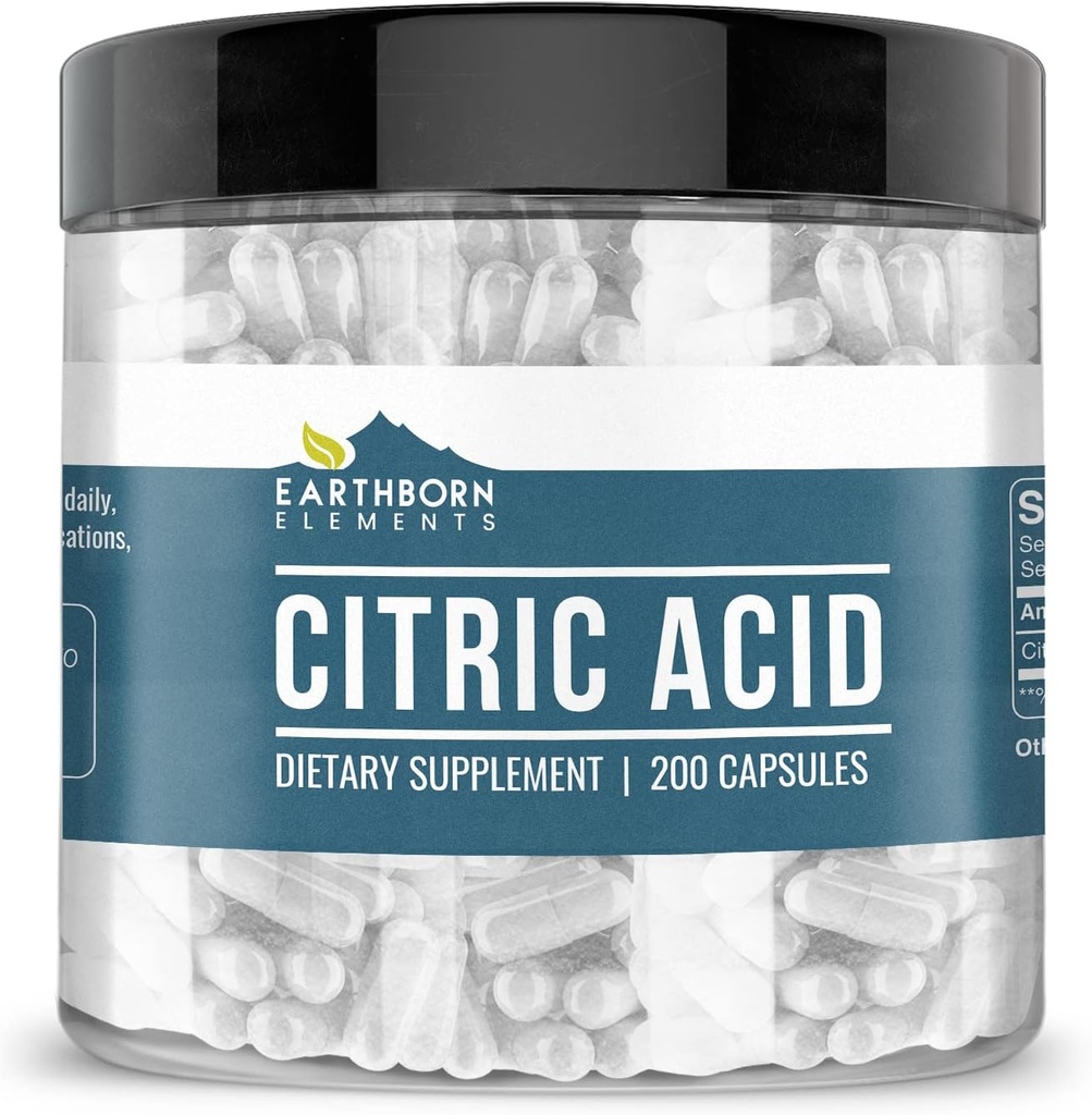 Earthborn Elements Citric Acid 200 Capsules, Pure & Undiluted, No Additives
