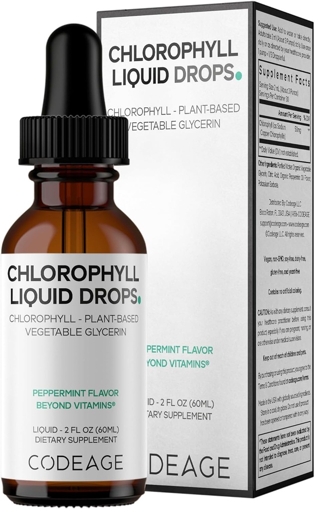 Codeage Chlorophyll Liquid Drops Supplement - Vegan Chlorophyll 50 mg per Serving, Organic Peppermint Flavor Clorofila Drink - Non-GMO, Gluten-Free, Vegan - 2 fl oz