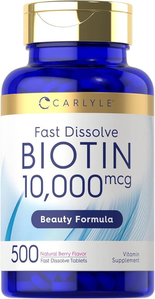 Carlyle Biotin 10000mcg | 500 Fast Dissolve Tablets | Max Strength | Vegetarian, Non-GMO, Gluten Free Supplement