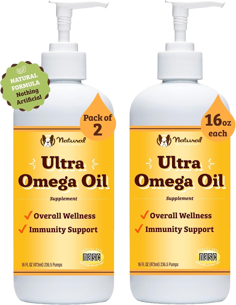 Natural Dog Company 16 oz. -2 Pack Ultra Omega 3 Fish Oil for Dogs, Dog Fish Oil Supplement for Shedding, Itch Relief, Salmon Oil for Dogs, for Multi Dog Families or Large Breed Dogs, 32 oz Value