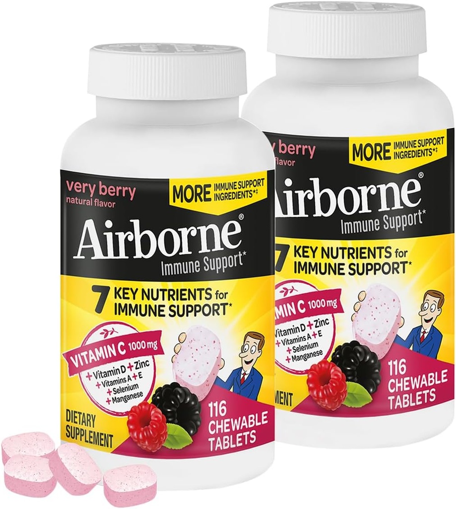 Airborne 1000mg Vitamin C + Zinc Immune Support Supplement Chewable Tablets, Very Berry Flavor with Powerful Antioxidants Vitamins A C & E, 116 Chewable Tablets (2 Pack)