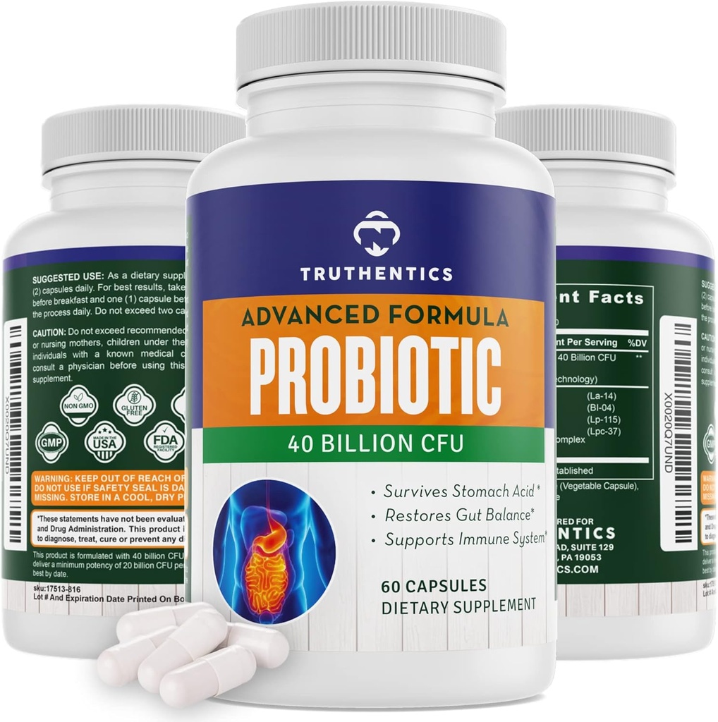 TRUTHENTICS Probiotic 40 Billion CFU with Prebiotics - Bifidobacterium Lactobacillus Acidophilus Paracasei Probiotics for Men & Women - Shelf Stable - 60 Vegan Capsules
