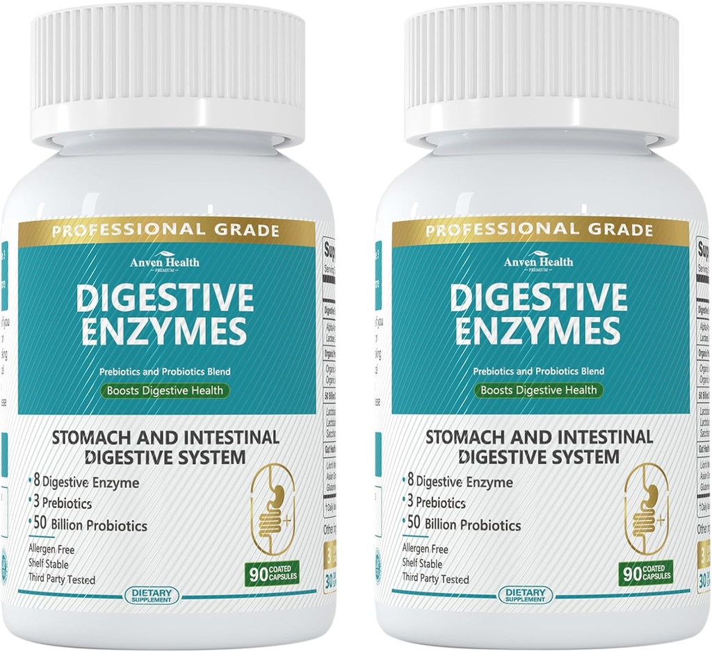 800mg Digestive Enzymes for Men and Women with Probiotics & Prebiotics, 8 Key Enzymes, Protease, Amylase & Lipase | 180 Capsules - A 60-Day Supply for Bloating & Gas Relief - Non-GMO