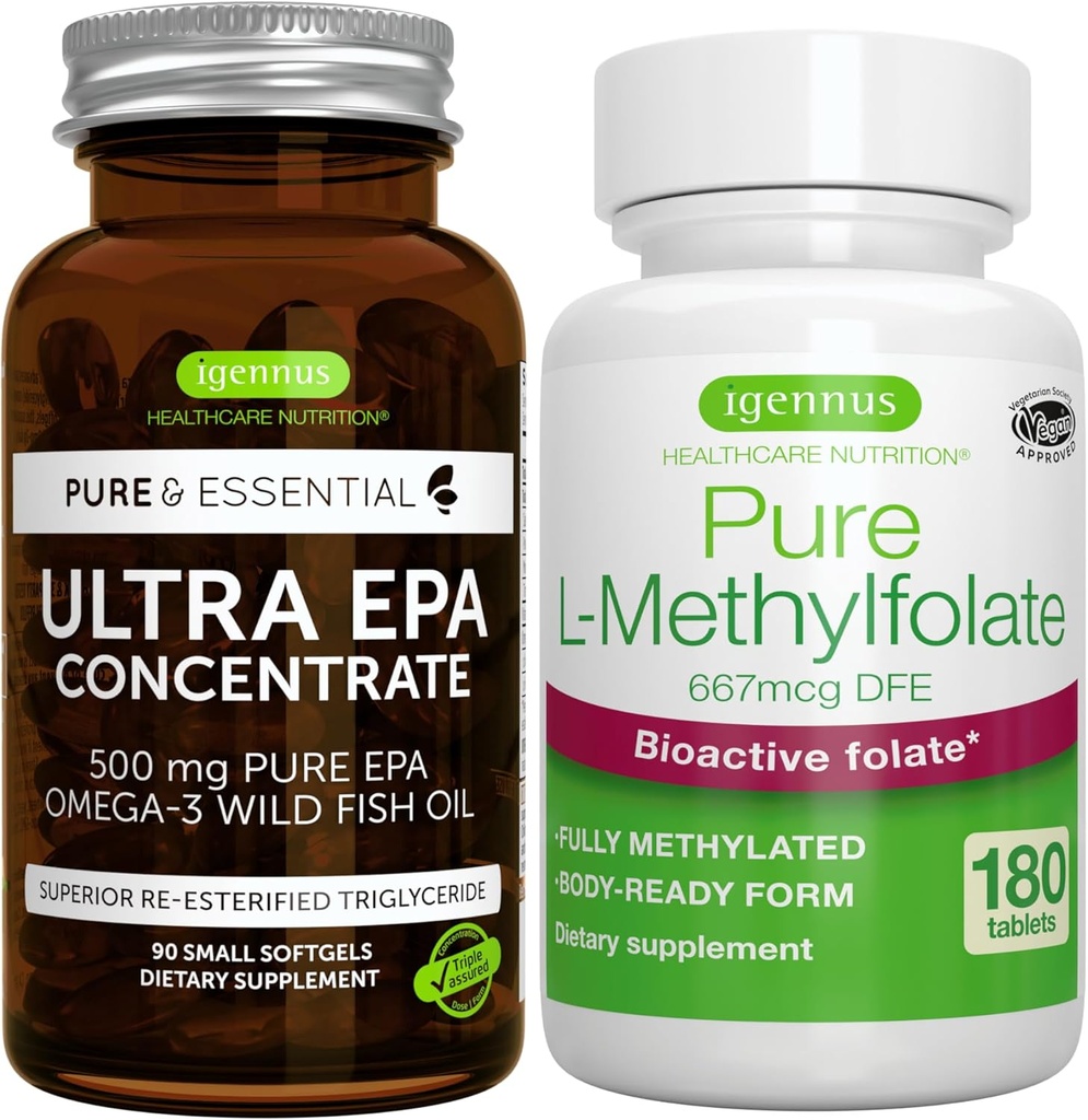 Ultra Pure EPA + Pure Folate 400mcg Bundle, 500 mg Omega-3 EPA Wild Fish Oil + Optimized L-Methylfolate, by Igennus