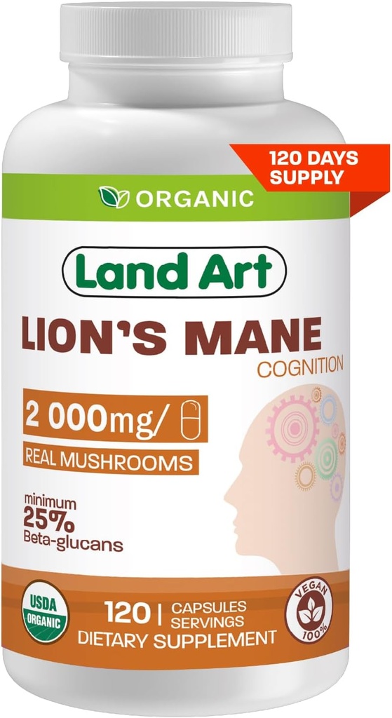 Land Art - Certified Organic Lion’s Mane – 2000mg – Memory, Focus & Mental Clarity – Nootropic Supplement for Cognitive Support – Multiple Extraction - Non-GMO - Vegan - Brain Health - 120 days supply
