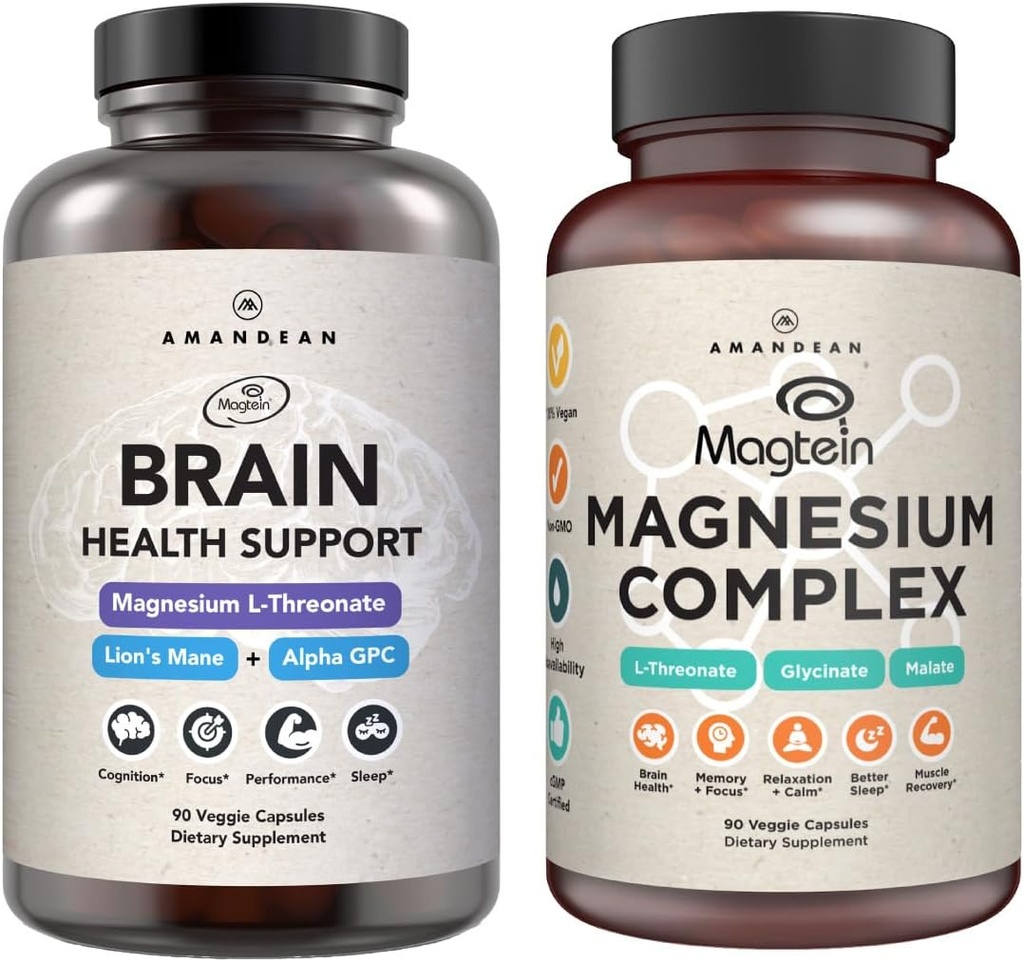 AMANDEAN Premium Brain & Magnesium Bundle: High-Absorption Magnesium L-Threonate, Glycinate & Malate, USA-Grown Organic Lion’s Mane 6:1 Extract, and Alpha-GPC. Supports cognitive health, focus & sleep
