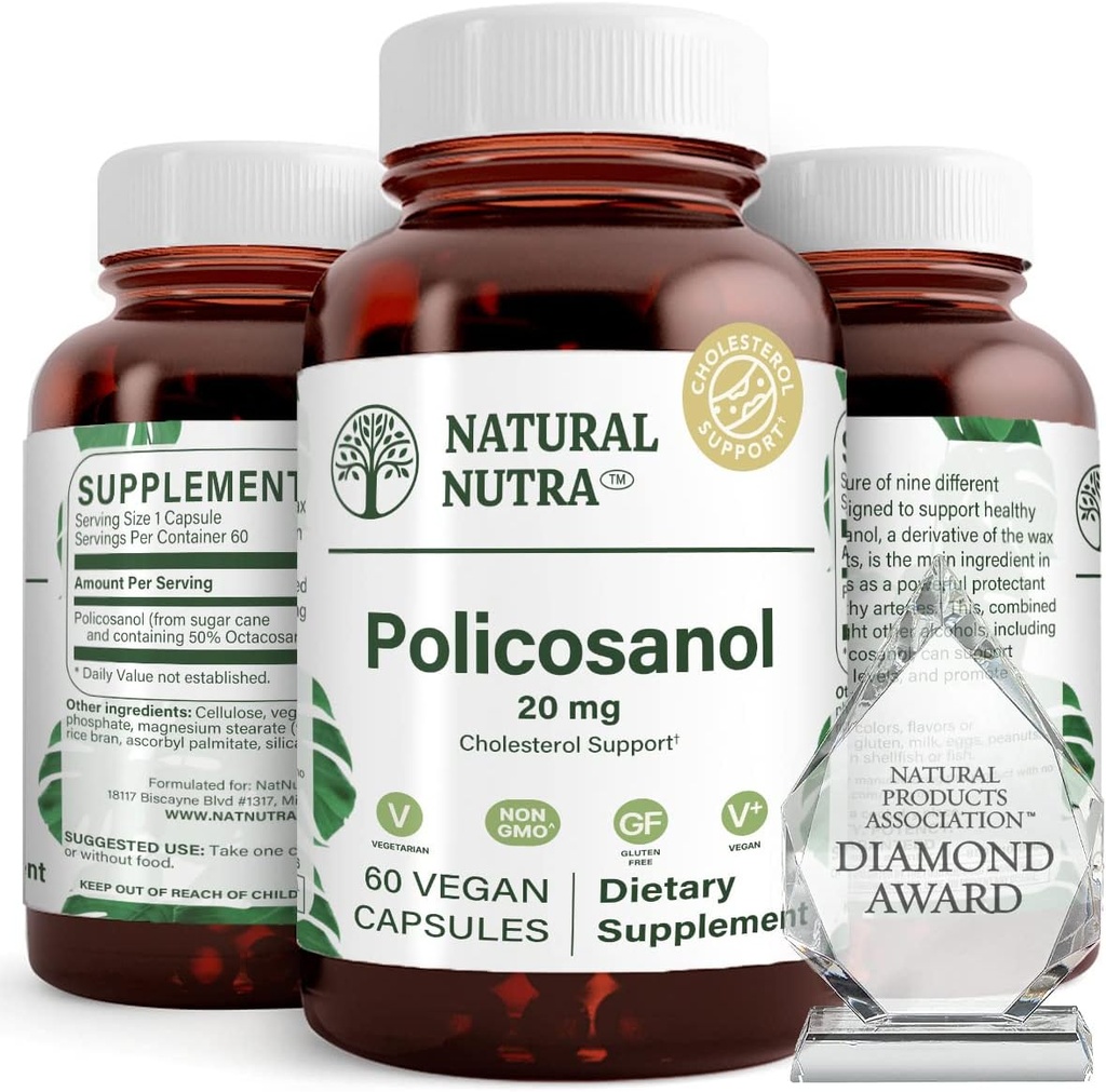 Natural Nutra Policosanol 20mg with Octacosanol, Supplement to Promotes Fluid Circulations, Improve Blood Circulation, Supports Maintain Fat Level, Improves Cardiovascular Health, 60 Vegan Capsules