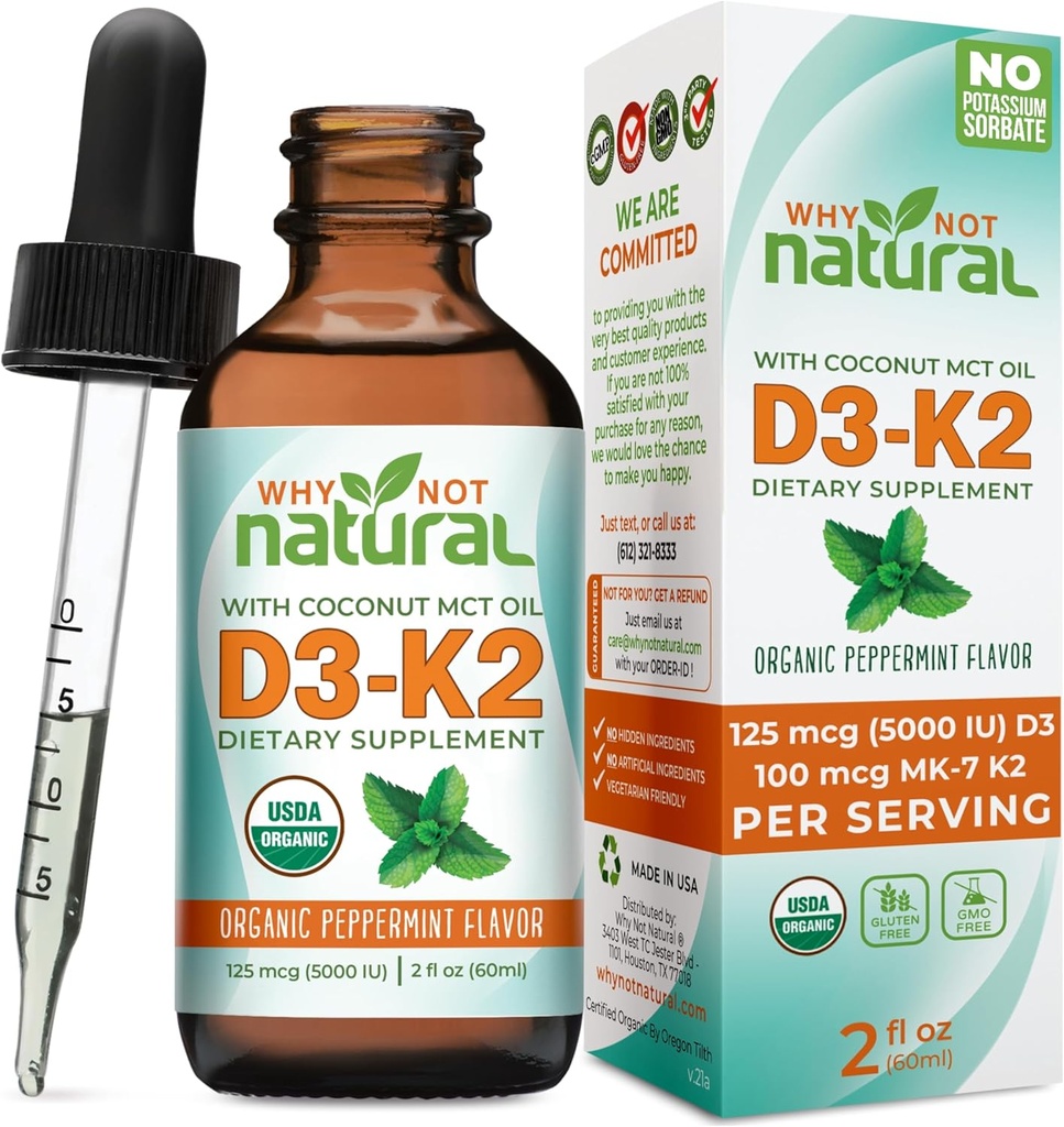 Why Not Natural Organic Vitamin D3 K2 (MK-7) Liquid Drops, 5000 IU of sublingual D3 with Coconut MCT Oil, for Strong Bones and Teeth, Heart and Immune Support