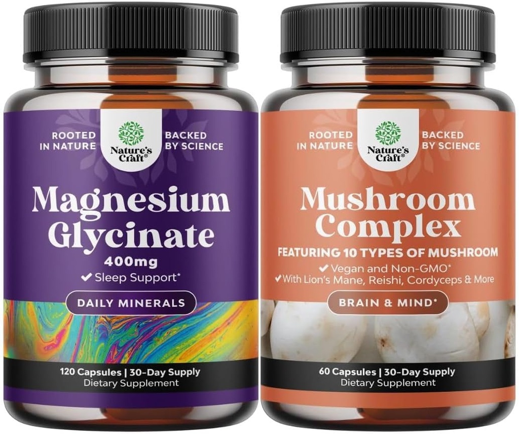 Bundle of Magnesium Glycinate Capsules Mineral and Nootropic Brain Focus Mushroom - Immune Support Bone Health Mood Support - 10X Mushroom Blend for Sugar Balance and Mental Focus