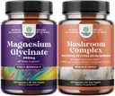 Bundle of Magnesium Glycinate Capsules Mineral and Nootropic Brain Focus Mushroom - Immune Support Bone Health Mood Support - 10X Mushroom Blend for Sugar Balance and Mental Focus