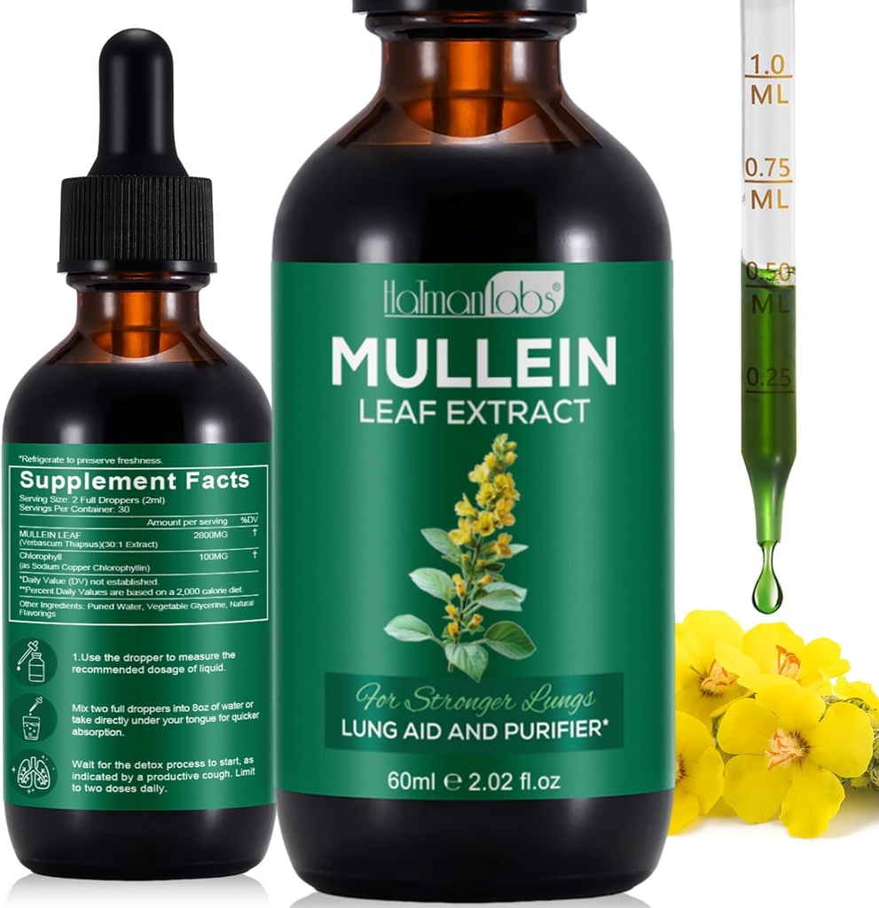 Mullein Drops for Lungs, Mullein Leaf Extract for Lungs, Natural Mullein Herbal Supplements, Mullein Chlorophyll Drops for Lungs, Lung Cleanse for Smokers - 2.02 fl oz
