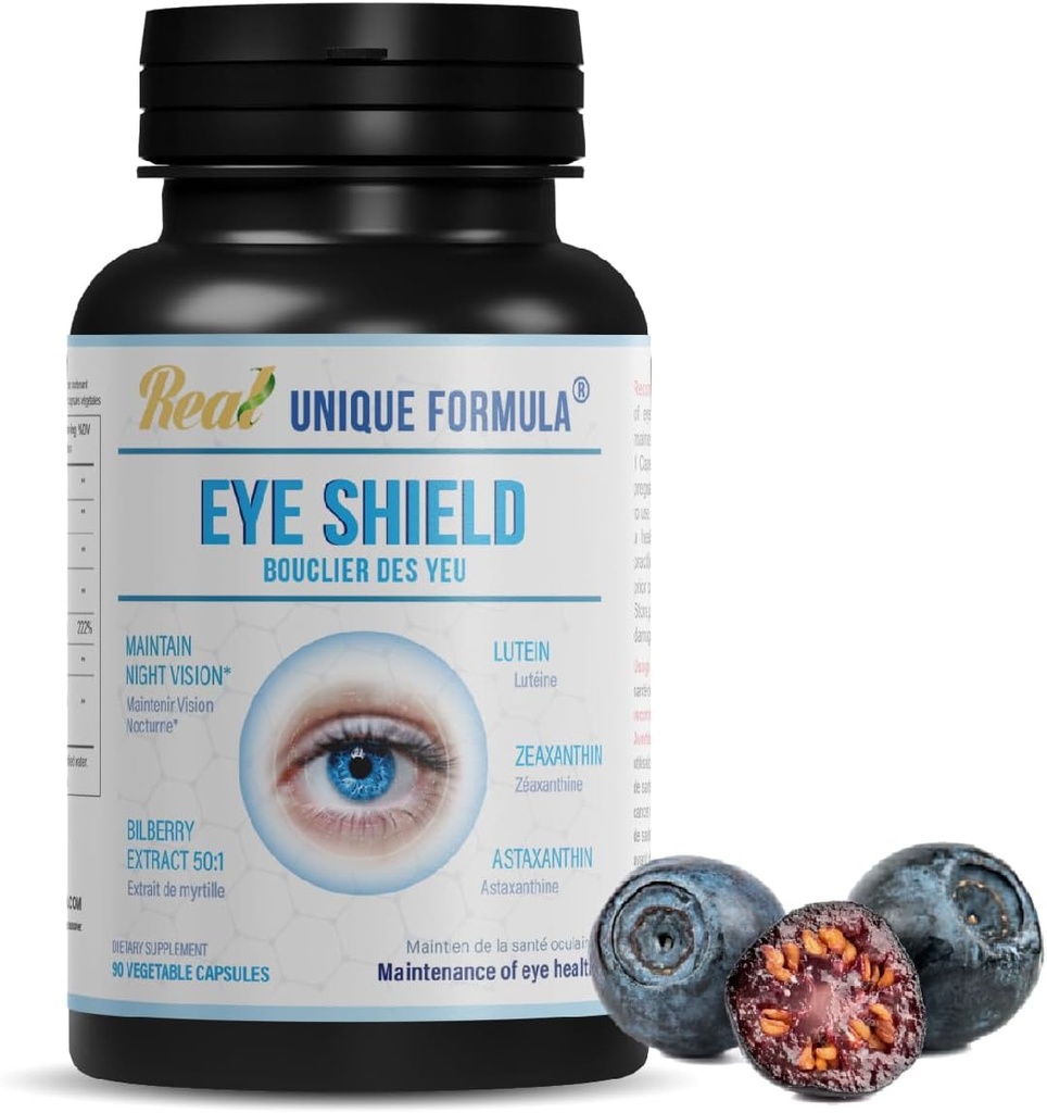 Eye Shield Supplement with Bilberry Extract, Lutein, Zeaxanthin, Astaxanthin, and Beta-Carotene - Supports Dry Eyes, Vision Health, and Night Vision, 90 Veg Capsules
