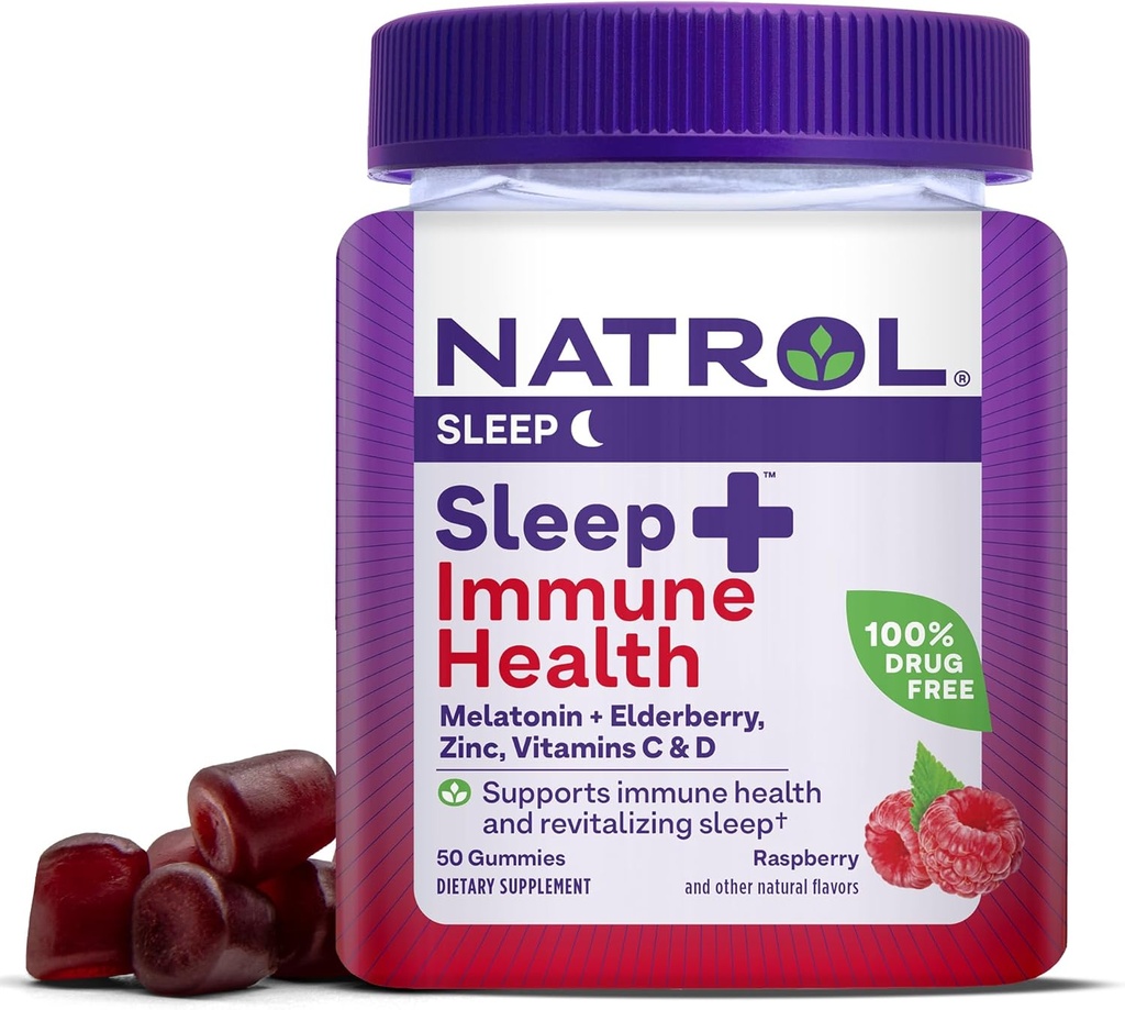 Natrol Sleep+ Immune Health Gummy, Sleep Aid & Immunity Support, Elderberry, Vitamins C, D and Zinc, Drug Free, 50 Berry Flavored Gummies (Packaging May Vary)