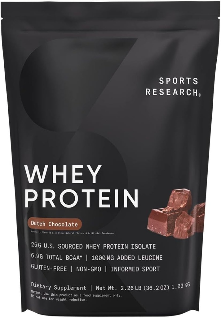 Sports Research Whey Protein Isolate - Sports Nutrition Protein Powder 25g per Serving - 2.27lb Bag Whey Protein - Dutch Chocolate Bulk Protein Powder, 25 Servings