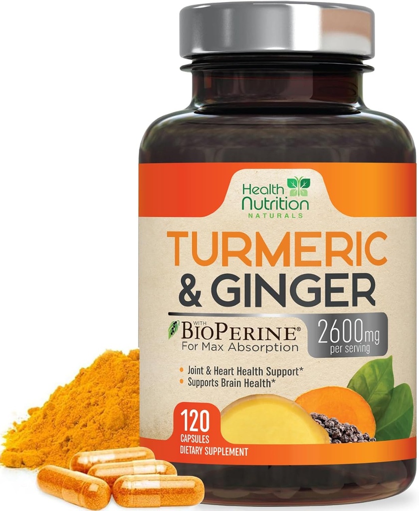 Turmeric Curcumin Supplement 2600mg - with Organic Ginger & Turmeric, 95% Curcuminoids, BioPerine Black Pepper for Best Absorption, Nature's Vegan Joint Support, Non-GMO, Bottled in USA - 120 Capsules