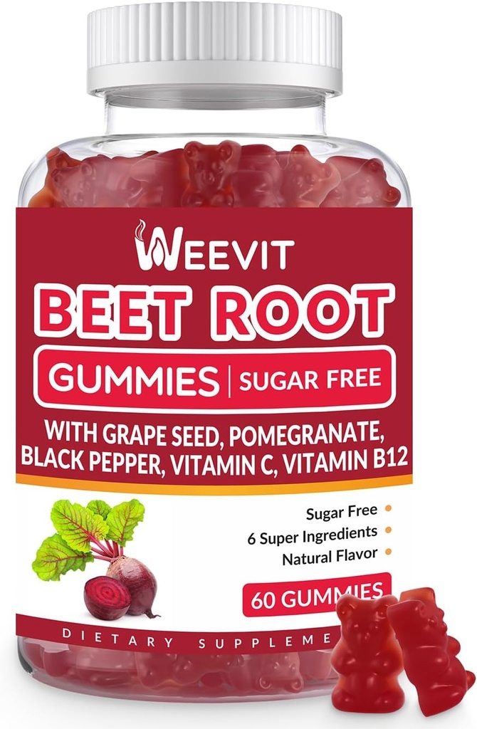 Sugar Free Beet Gummies with Grape Seed, Pomegranate, Black Pepper, Vitamin C, B12 | Nitric Oxide Booster for Men Women, Organic Beet Root Gummies