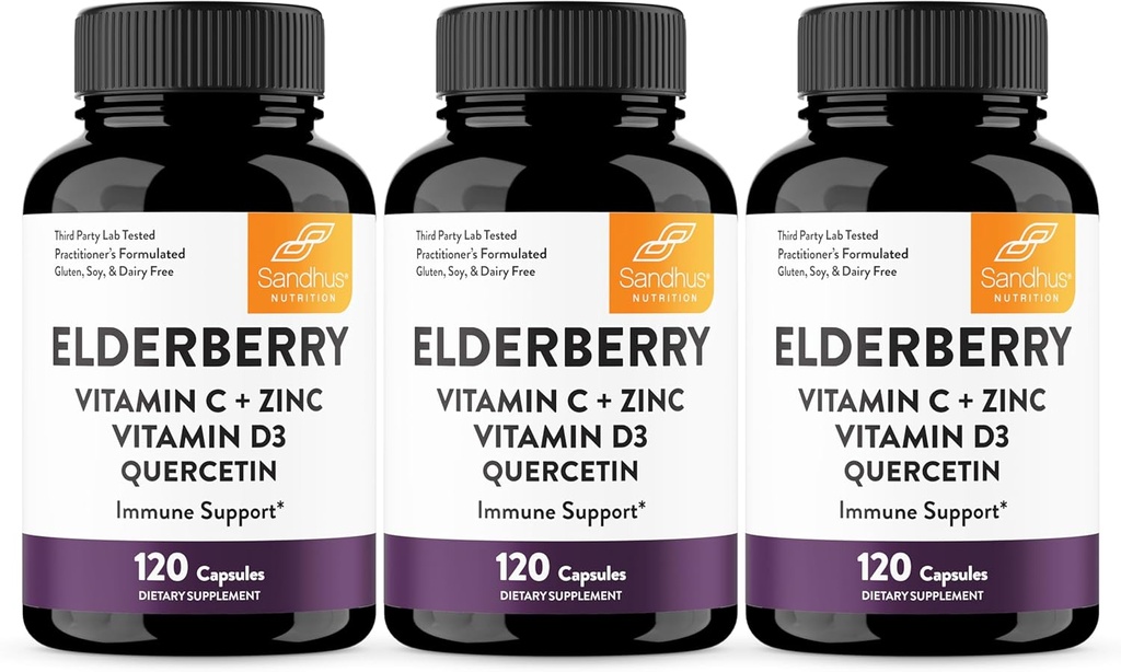 Elderberry Vitamin C and Zinc With Quercetin & Vitamin D3 | 6-In-1 Immunity Supplement | Sambucus Elder berry Antioxidants Capsules for Adults | Supports Immune Health | 120 Count (Pack of 3)