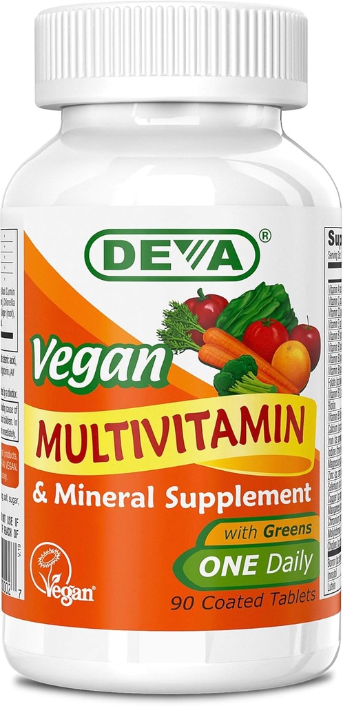 Deva Vegan Multivitamin and Mineral Supplement - Once-Per-Day Formula with Greens - Vitamins A, C, D, E, B Complex, High-Potency Formulation for Daily Health and Wellness- 90 Coated Tablets, 1-Pack