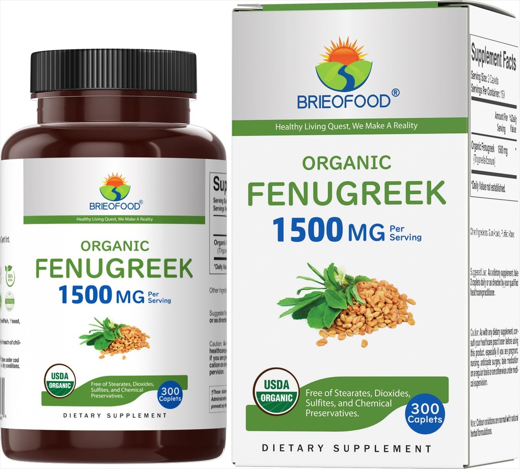 Brieofood Organic Fenugreek 1500mg, 150 Servings, Vegetarian, Gluten Free, 300 Vegetarian Tablets
